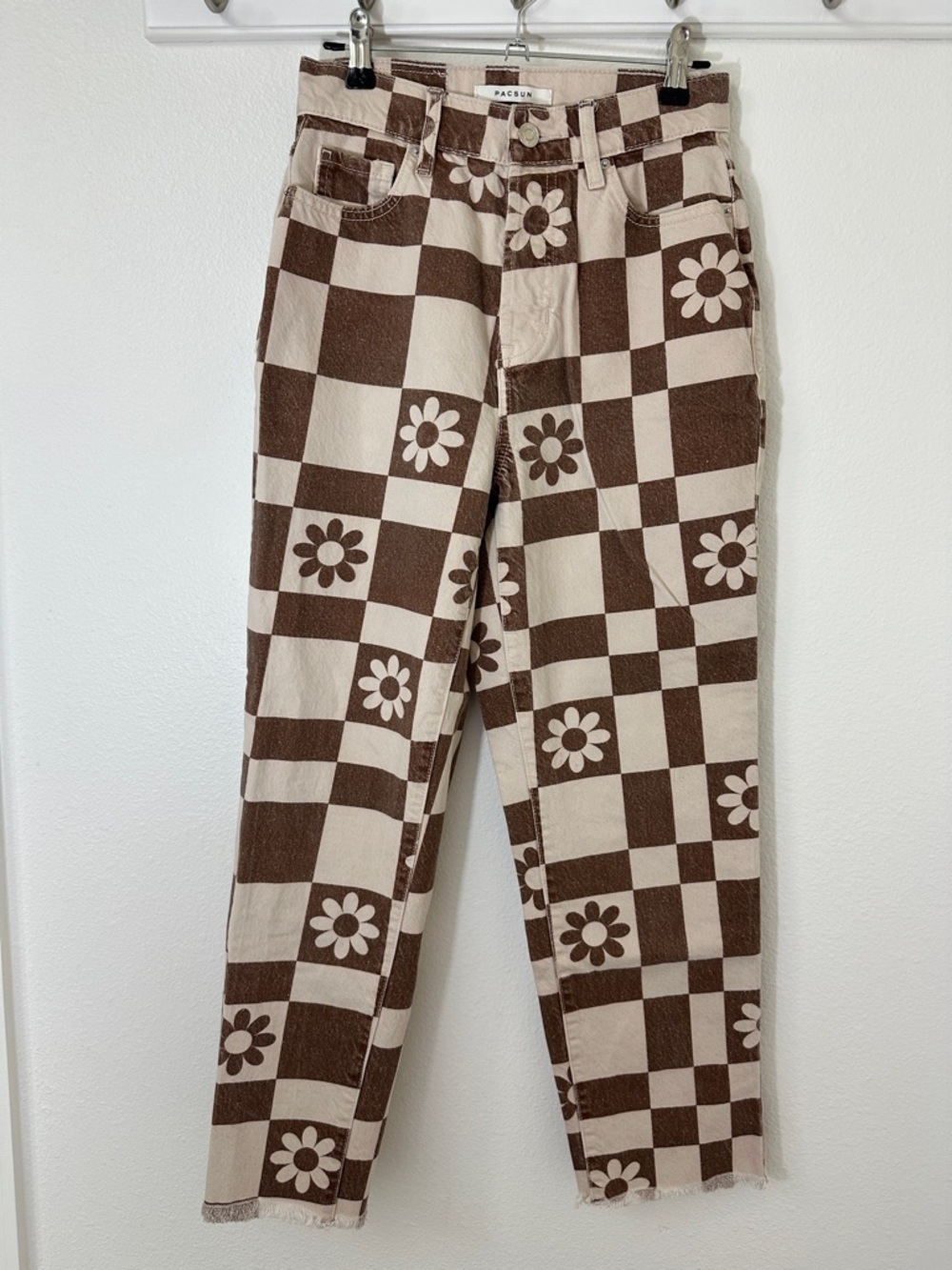 PacSun Brown/Cream Checkered Daisy Flower Print Pants High Rise Straight Raw Hem